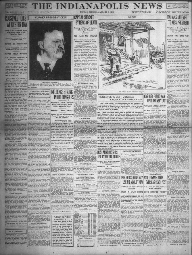 The front page of the Indianapolis News on the day Theodore Roosevelt died. Courtesy of Hoosier State Chronicles.