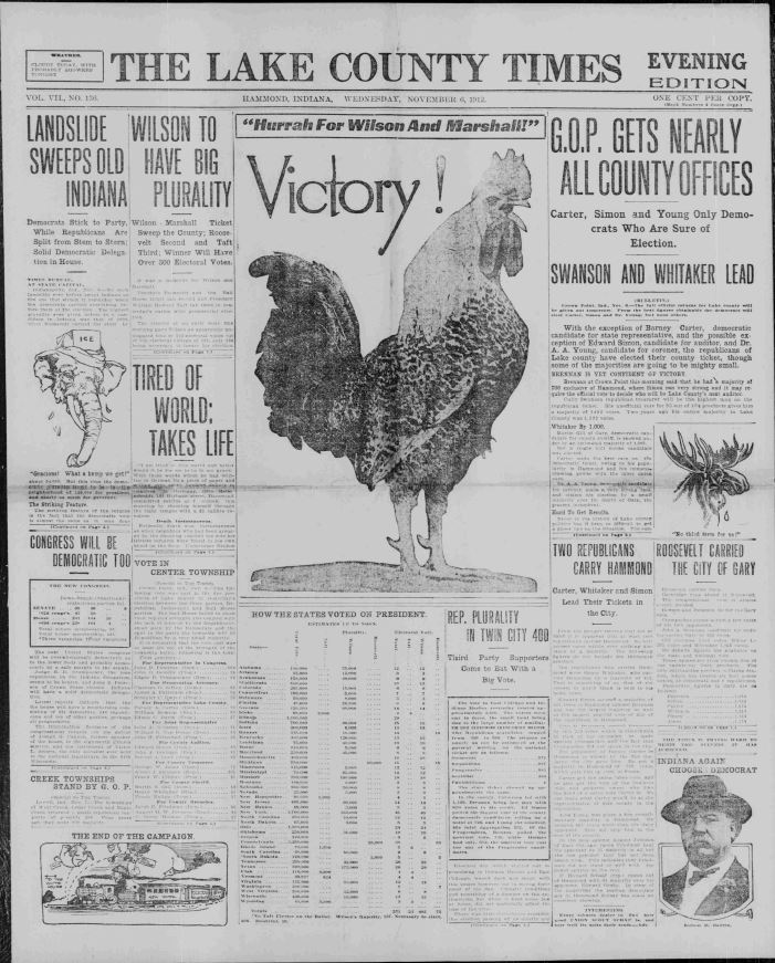 The front page of the Lake County Times, November 6, 1912. Democratic candidate Woodrow Wilson and his running mate, Indiana Governor Thomas Marshall, won the election in an electoral landslide. Courtesy of Hoosier State Chronicles.