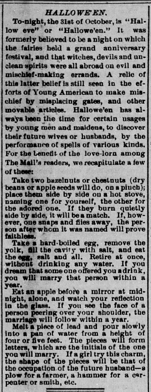 "Halloween," Terre Haute Staurday Evening Mail, October 31, 1885, 1, Hoosier State Chronicles. 
