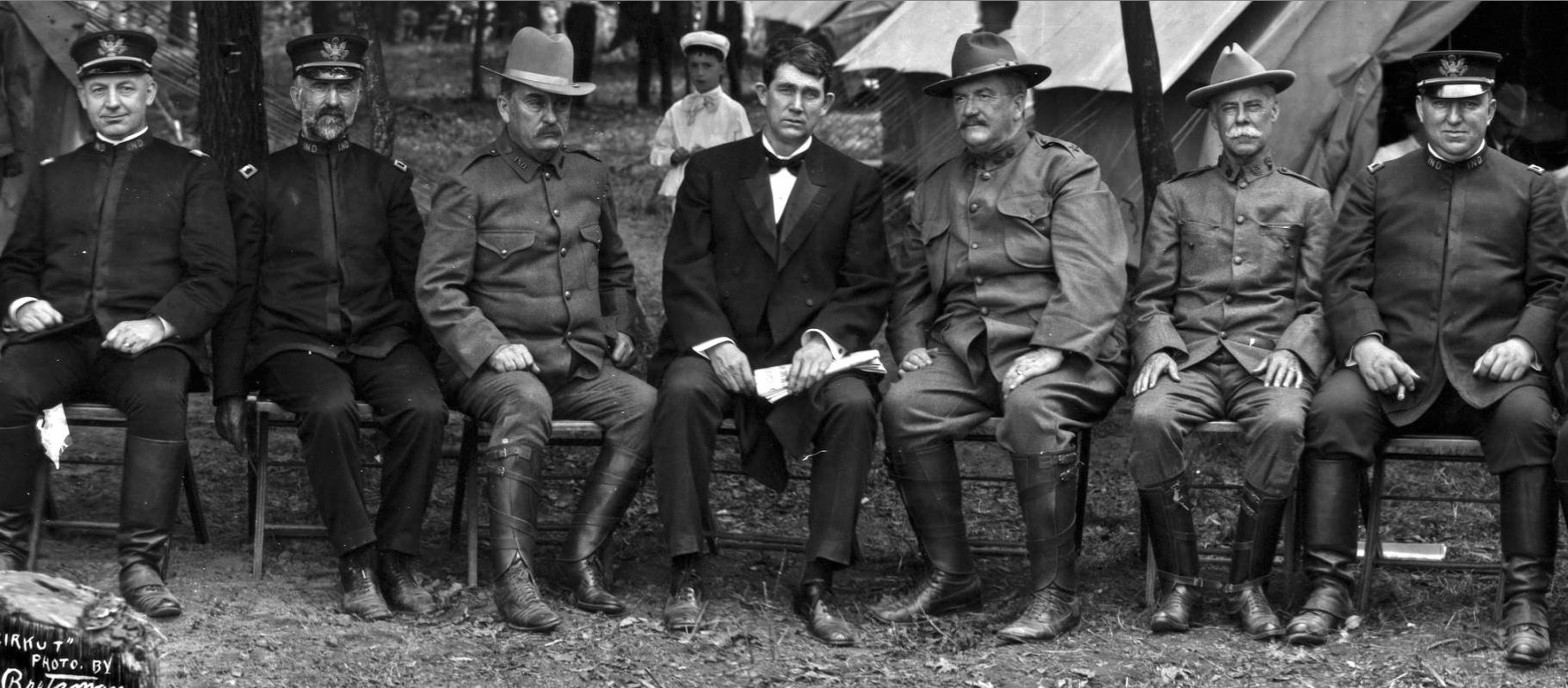 Governor J. Frank Hanly and military officers at Fort Benjamin Harrison Camp of Instruction, 1906. Courtesy of Indiana Memory.