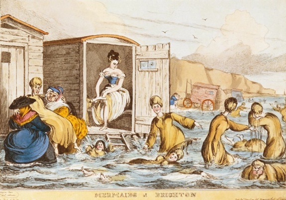 "Mermaids at Brighton" by William Heath (1795 - 1840), c. 1829, in Emily Spivack, "How Bathing Suits Went From Two-pieces to Long Gowns and Back, Smithosonian Magazine, accessed www.smithsonianmag.com