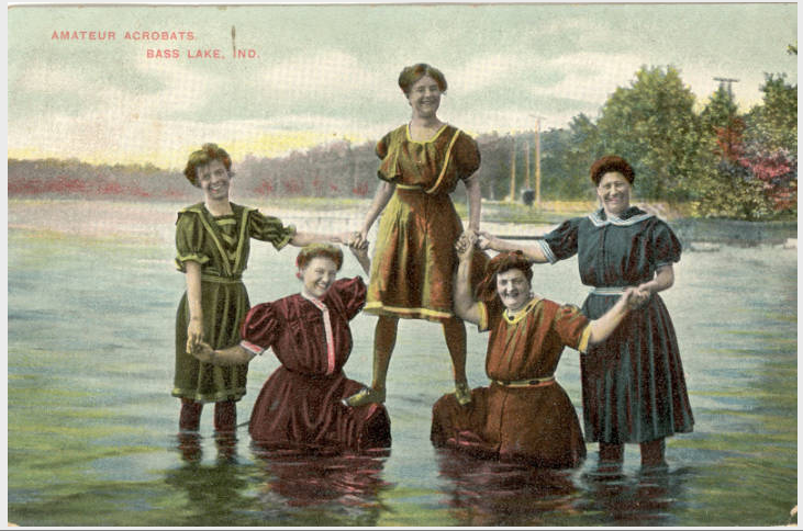 "Amateur Acrobats Performing on Bass Lake," postcard, circa 1910, Starke County Historical Society, accessed Indiana Memory, https://digital.library.in.gov/Record/ISL_p181901coll014-59
