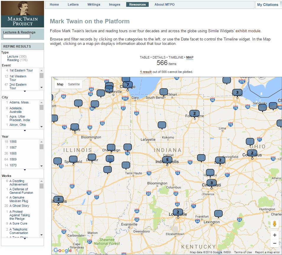Map highlighting Mark Twain's lectures in the Midwest. Mark Twain Project.