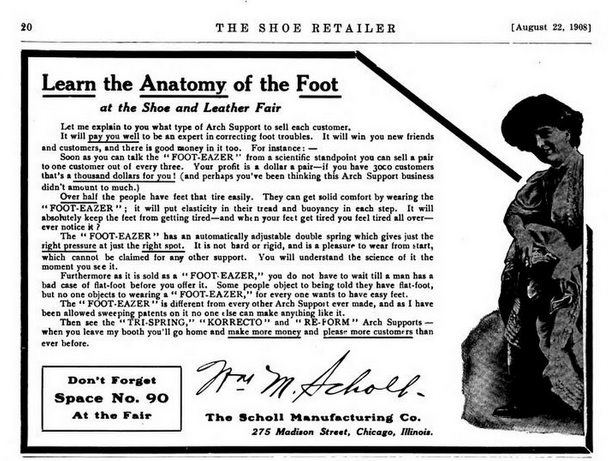 Advertisement for Shoe Fair by Scholl Manufacturing Co., The Shoe Retailer, August 22, 1908, accessed Google Books.