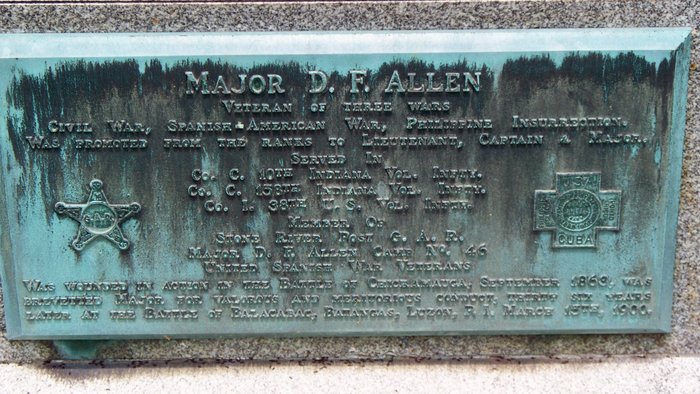 Memorial plaque at David F. Allen's grave, Frankfort, Indiana, FindAGrave.com.